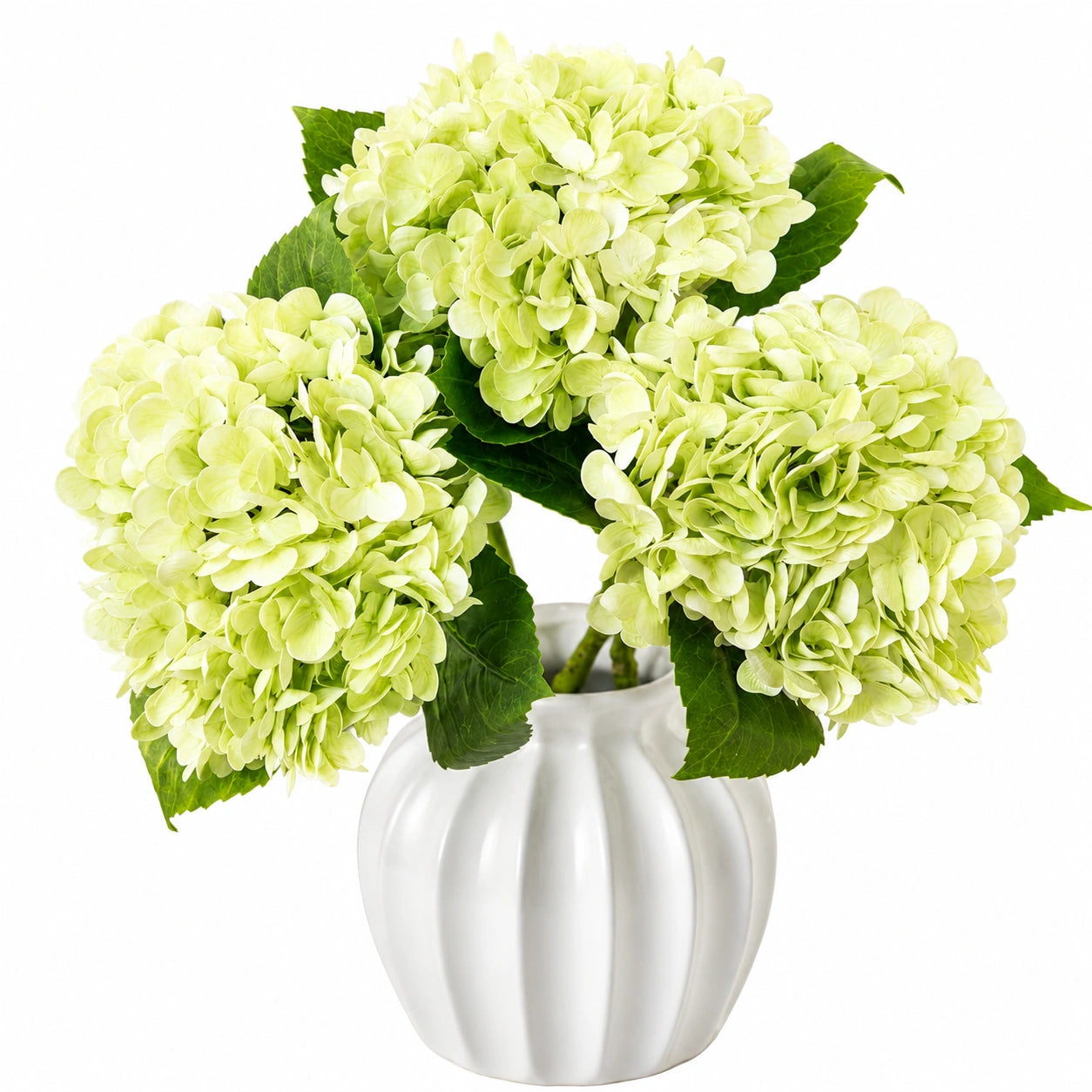 Arreglo de hortensias artificiales verde claro en florero blanco