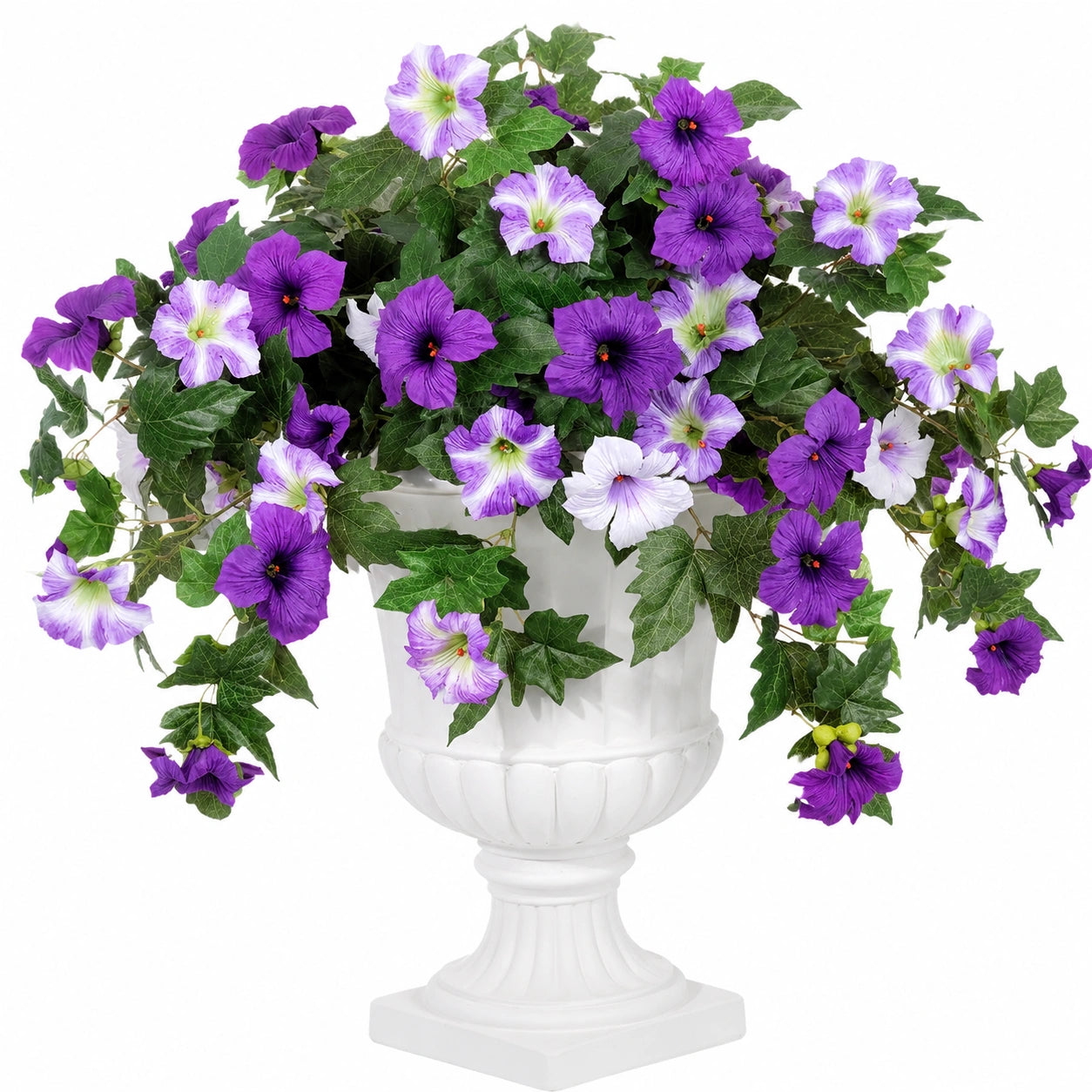 Planta Artificial con Flores Violetas y Blancas en Maceta Decorativa